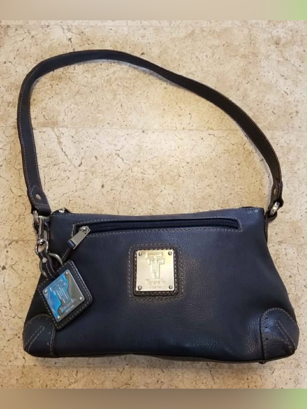 Tignanello Navy Leather Shoulder Bag with Metal Logo Plate